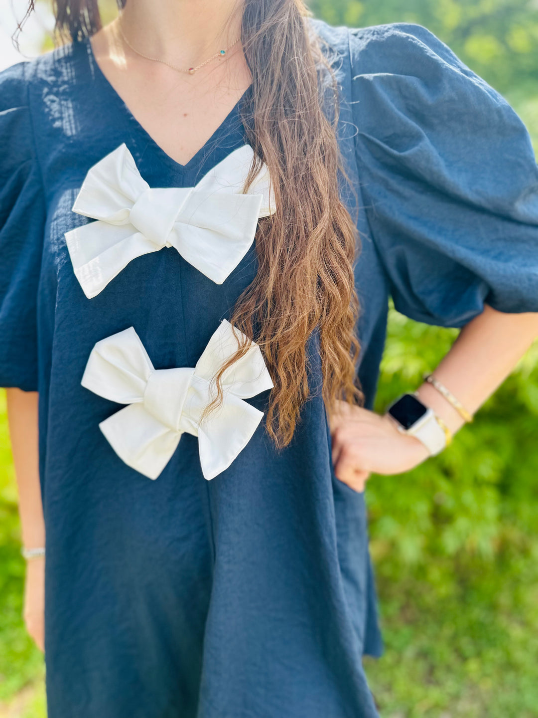 navy blue dress with white bow Navy/White Dress with Bow Details Final Sale M