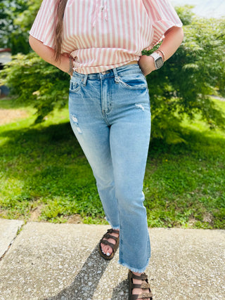 Medium Wash High Rise Straight Raw Hem Cropped Denim Jeans