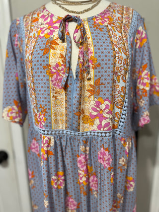 Curvy Light Blue Printed Tie Neck Flutter Sleeve Maxi Dress Final Sale
