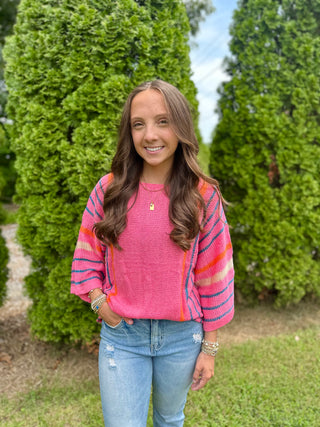 Pink Striped Detail Lightweight Knit Sweater