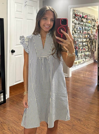 NAVY SMOCKED RUFFLE SLEEVE, STRIPED SEERSUCKER DRESS WITH SIDE POCKETS FINAL SALE
