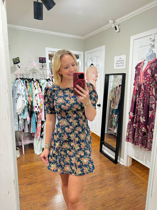 DENIM FLORAL PUFF SLEEVE SEAM DETAIL DENIM MINI DRESS