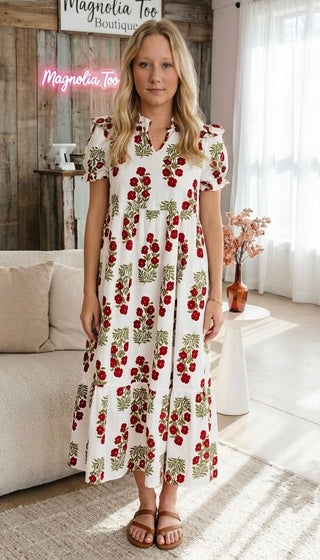 White Floral Bubble Sleeve Midi Dress Final Sale