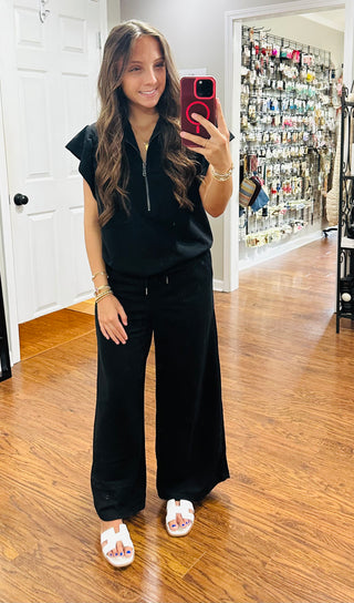 Textured Black Zip Up Ruffle Sleeve Top and Wide Leg Pant Set