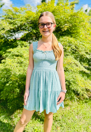 LIGHT SAGE CLIPDOT BOW DETAIL SMOCKED DRESS Final Sale