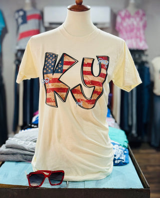 "KY" Distressed American Flag w/Bows Tee on Natural