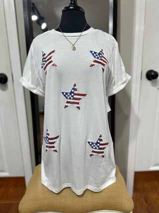 Curvy Sequin Star Round Neck Short Sleeve Top