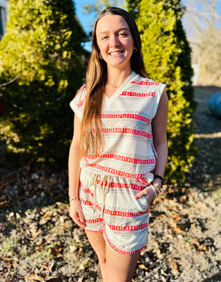 Beige Striped Print Casual Tank and Short Set Final Sale