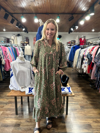 Olive Floral Print Contrast Trim Maxi Dress