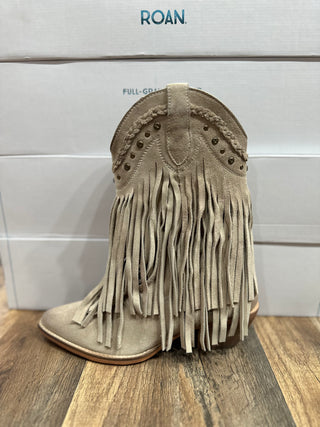 Roan "Setup" Western Fringe Boot in Bone Suede