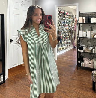 GREEN SMOCKED RUFFLE SLEEVE, STRIPED SEERSUCKER DRESS WITH SIDE POCKETS FINAL SALE