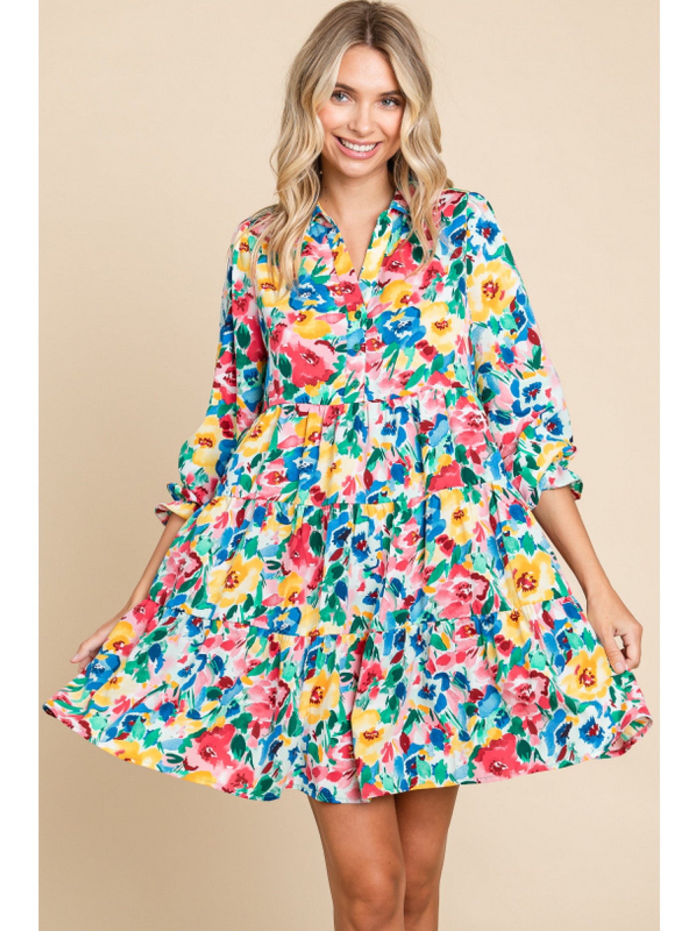 Kelly Green Floral Print Dress with Buttoned Collar Neck