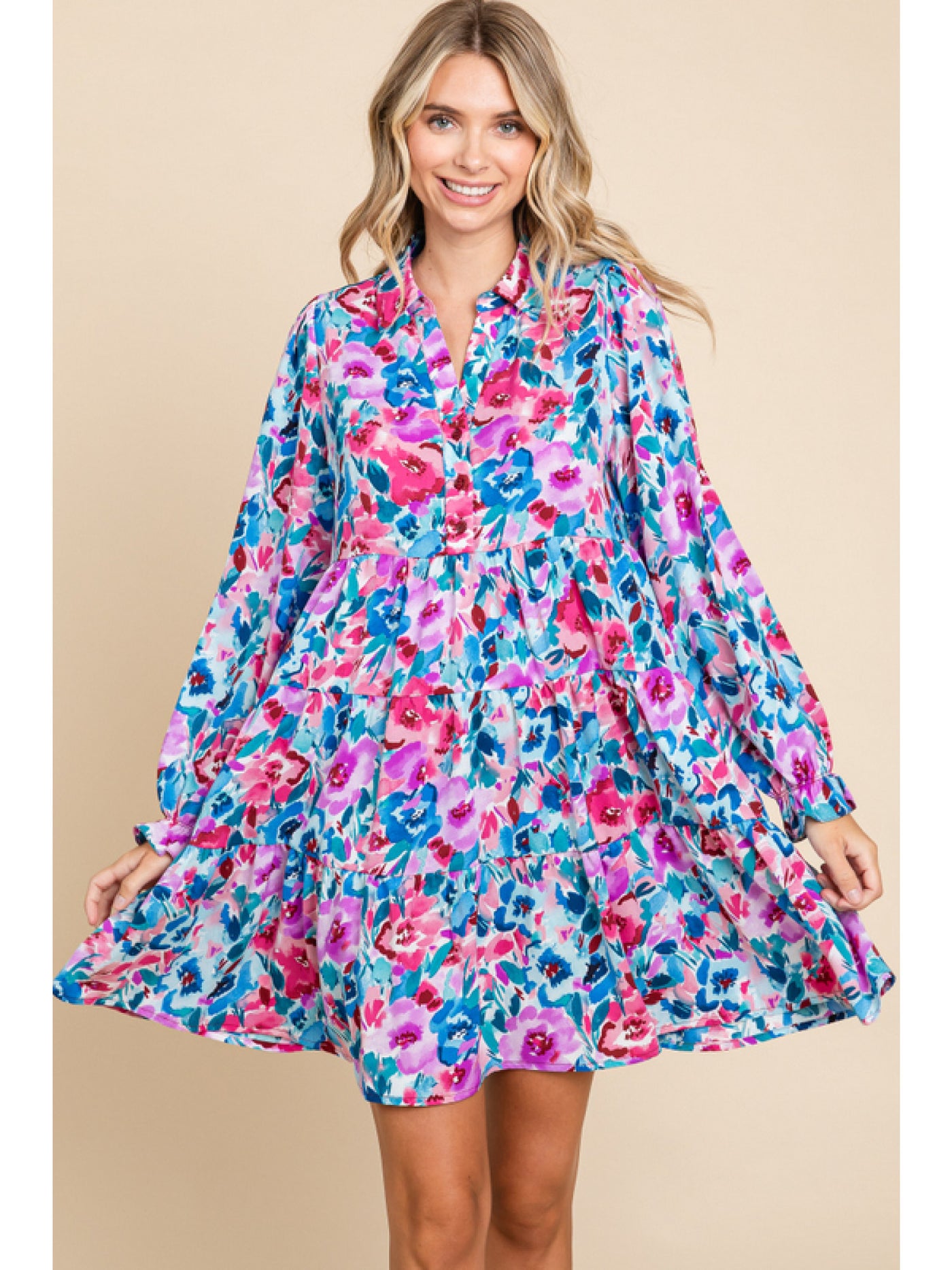 Wine Mix Floral Print Dress with Buttoned Collar Neck