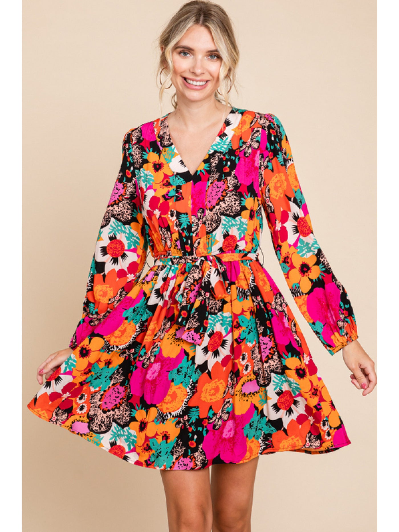 Black Mix Flower Print Dress with V-Neck and Bubble Sleeves