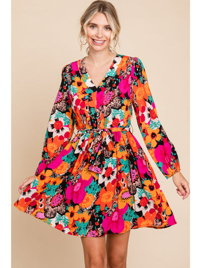 Black Mix Flower Print Dress with V-Neck and Bubble Sleeves