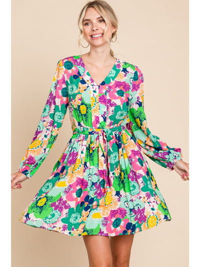 Green Mix Flower Print Dress with V-Neck and Bubble Sleeves