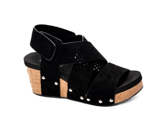 Corkys "Guilty Pleasure" in Black Faux Suede Wedges