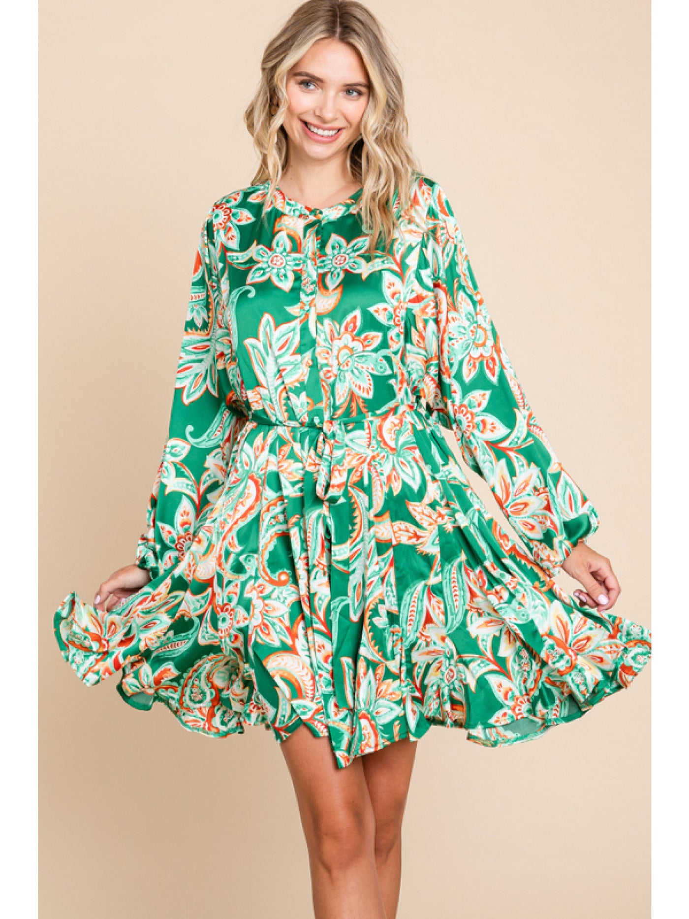 Pine Green Satin Paisley Print Dress with Round Neck