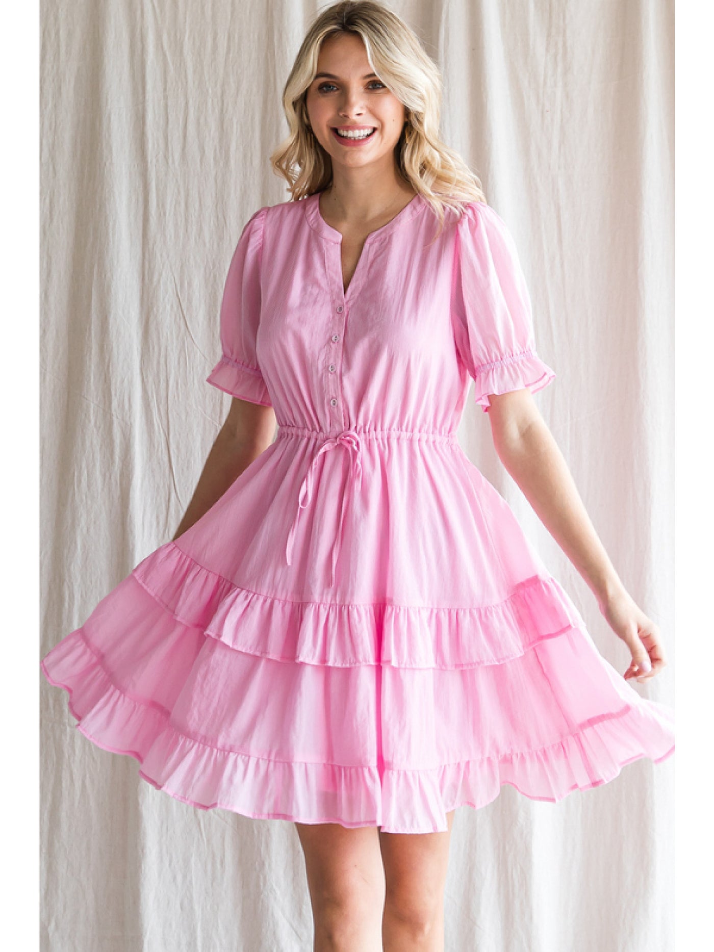 Pink Layered Solid Dress with Split Neck