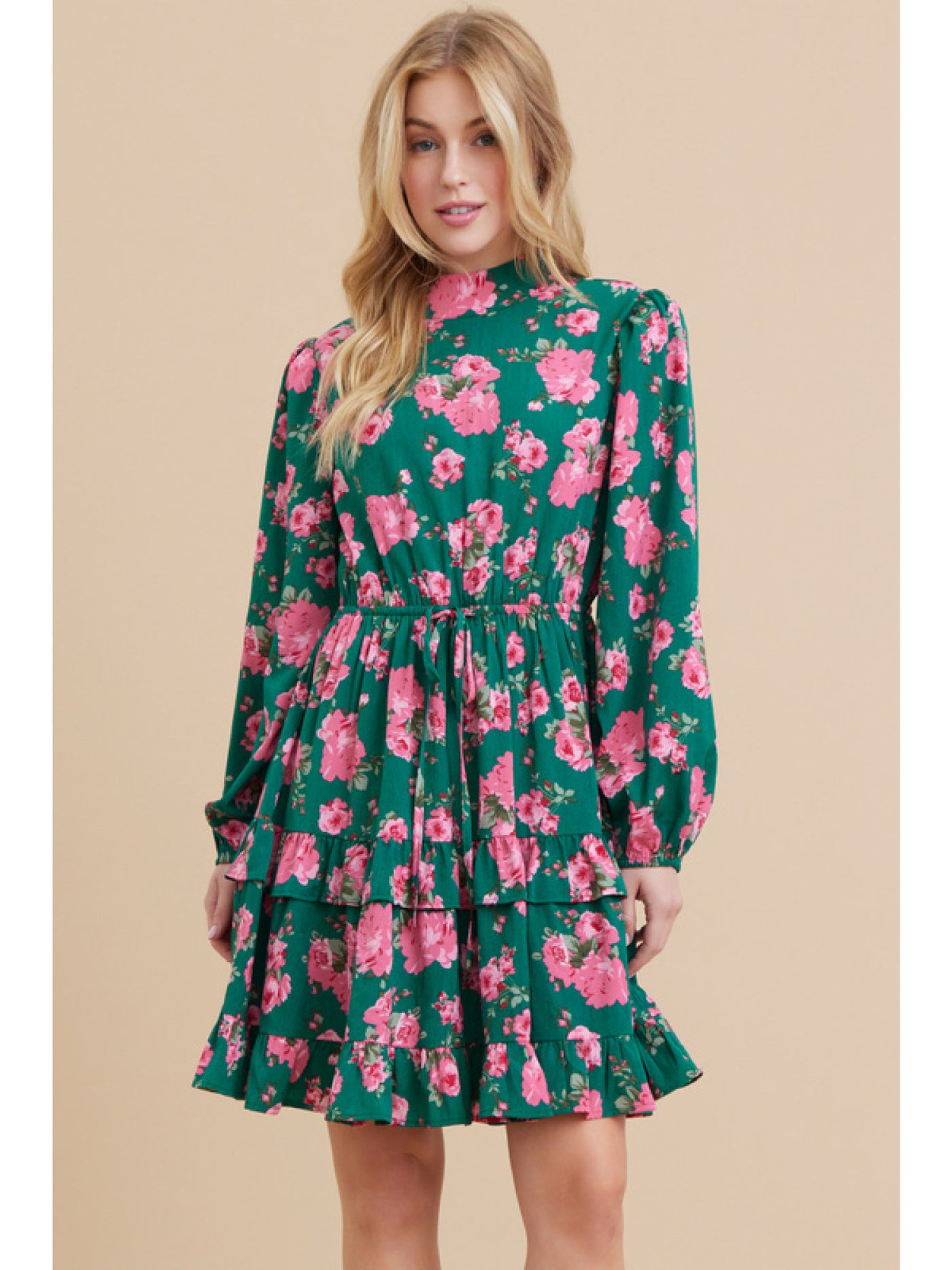 Green Flower Print Dress with Mock Neck