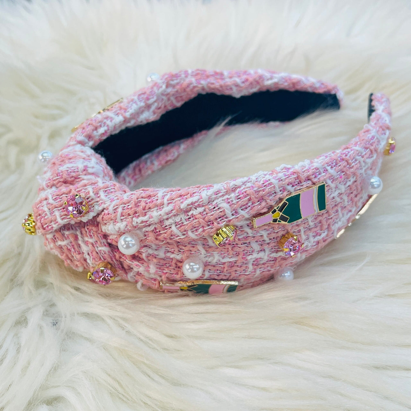 Pink Woven Headband with Green Champagne Bottles