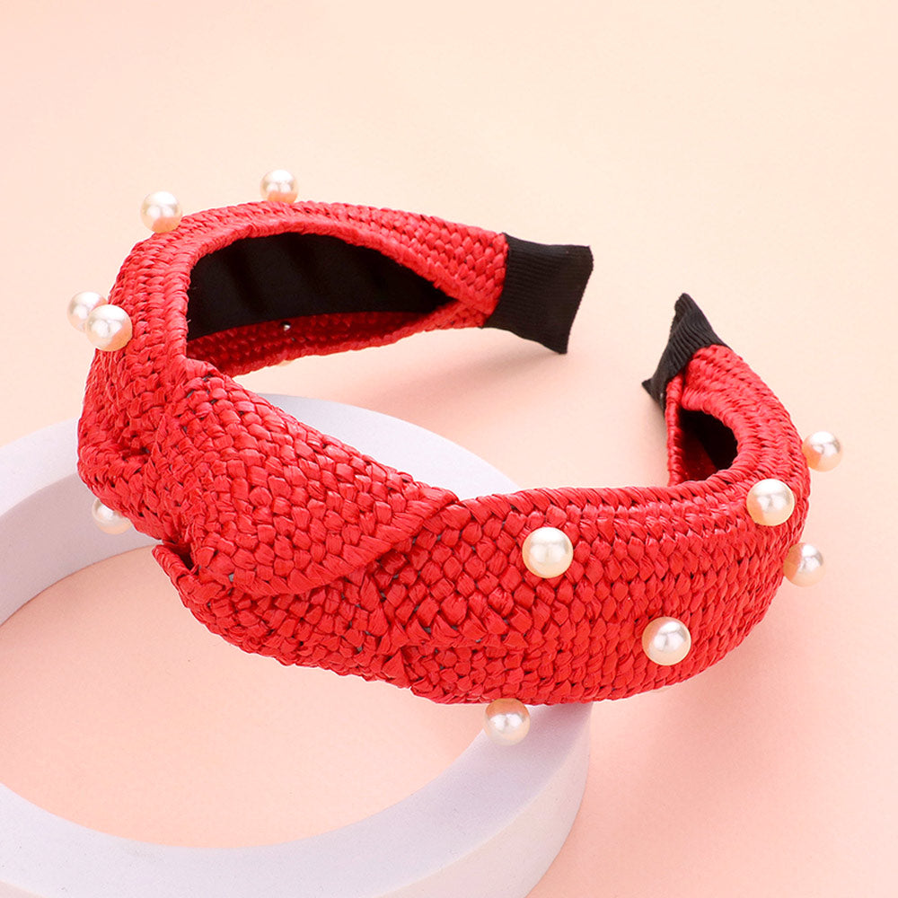Red Pearl Embellished Straw Knot Burnout Headband