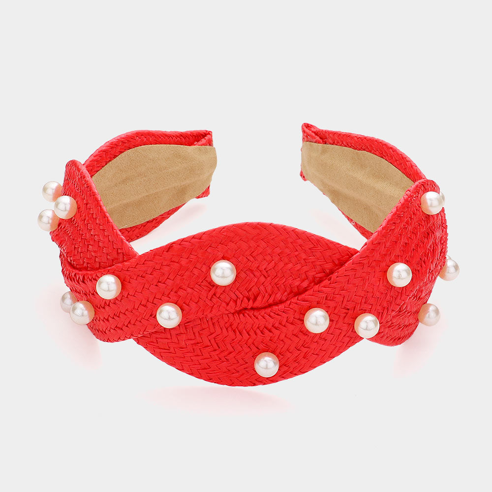 Red Pearl Embellished Braided Straw Headband