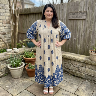Curvy Navy Border Print Smocked Detail Midi Dress w/ Pockets