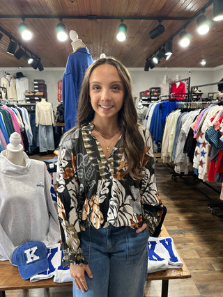 Espresso Tropical Border Print Split Neck Blouse