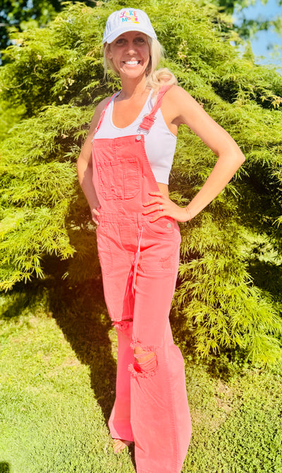 RISEN FRONT PATCH POCKET WIDE LEG OVERALLS in CORAL