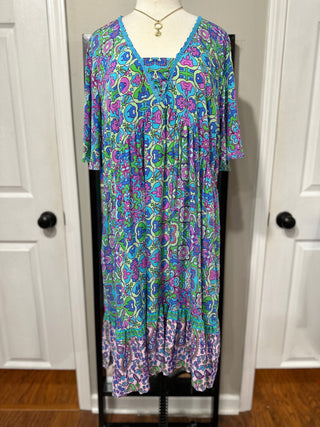 Curvy Sky Blue Ruffled Hem Lace Detail Printed Half Sleeve Dress Final Sale