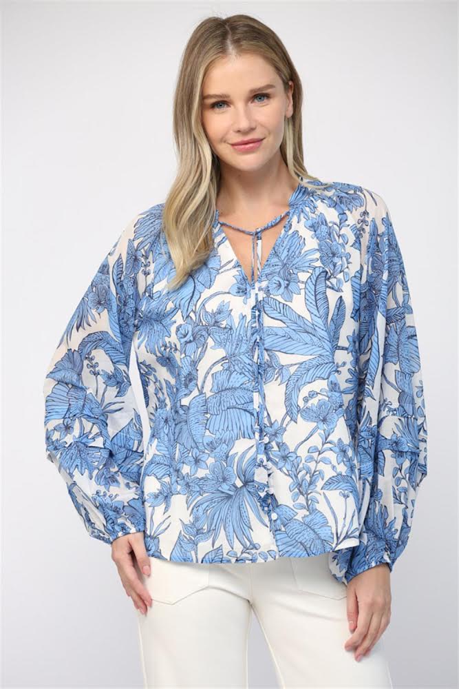 TROPICAL PRINT COTTON VOILE TIE NECK BLOUSE by FATE