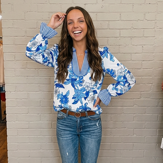 Blue Floral Print Striped V-Neck Ric-Rac Top