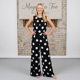 Black Polka Dot Pleated Top and Wide Leg Bottom Set Final Sale
