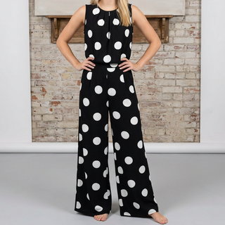 Black Polka Dot Pleated Top and Wide Leg Bottom Set Final Sale