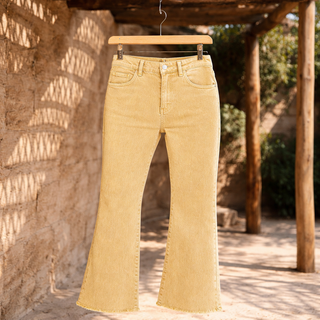 MUSTARD WASHED HIGH WAIST FRAYED HEM BOOTCUT PANTS