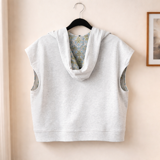 Silver Grey Knit Sleeveless Hoodie with Floral Fabric Lining Details