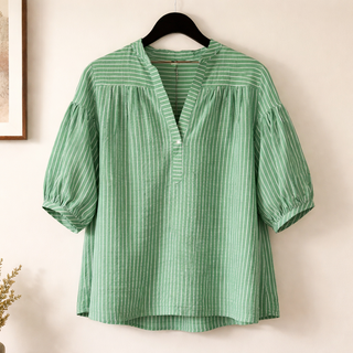 Curvy Green Striped Blouse with Quarter Length Bubble Sleeves Final Sale