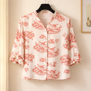 Curvy Raspberry Button Down Blouse with 3/4 Length Balloon Sleeves