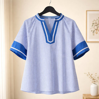 CURVY BLUE STRIPED MIXED PUFF SLEEVE BLOUSE