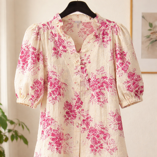 Berry Floral Embroidered Blouse with Ruffle Trim