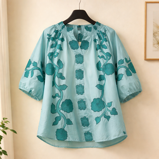 Curvy Teal Print Smocked Collared Top Final Sale