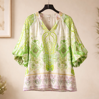 Curvy Green Flash Boho Border Print Top FINAL SALE