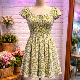Olive Leaf Print Front Tie Smocked Dress FINAL SALE