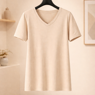 Basic Sand Beige V-neck Short Sleeve Top Final Sale