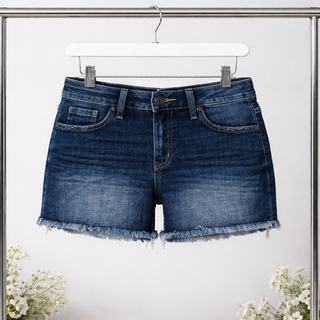 Dark Mid Rise Raw Frayed Hem Denim Shorts FINAL SALE