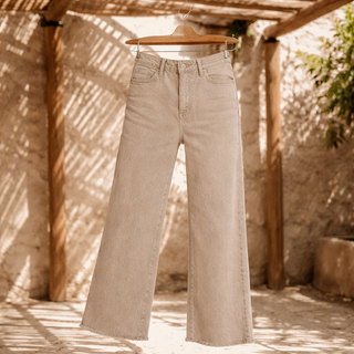 Ash Mocha Acid Washed Frayed Cutoff Hem Straight Wide Pants