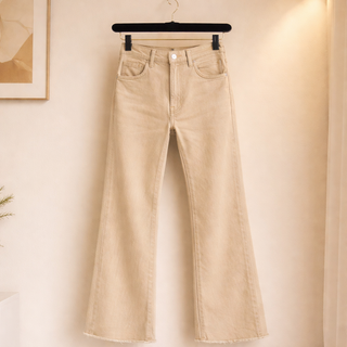 Sand Beige Acid Washed Fray Hem Pants