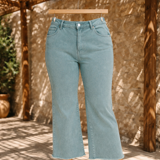 Curvy Teal Acid Washed Frayed Hem Bootcut Pants