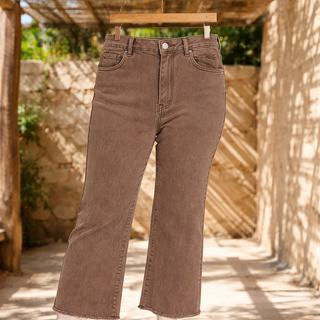 Curvy Mahogany Acid Washed Frayed Hem Bootcut Pants